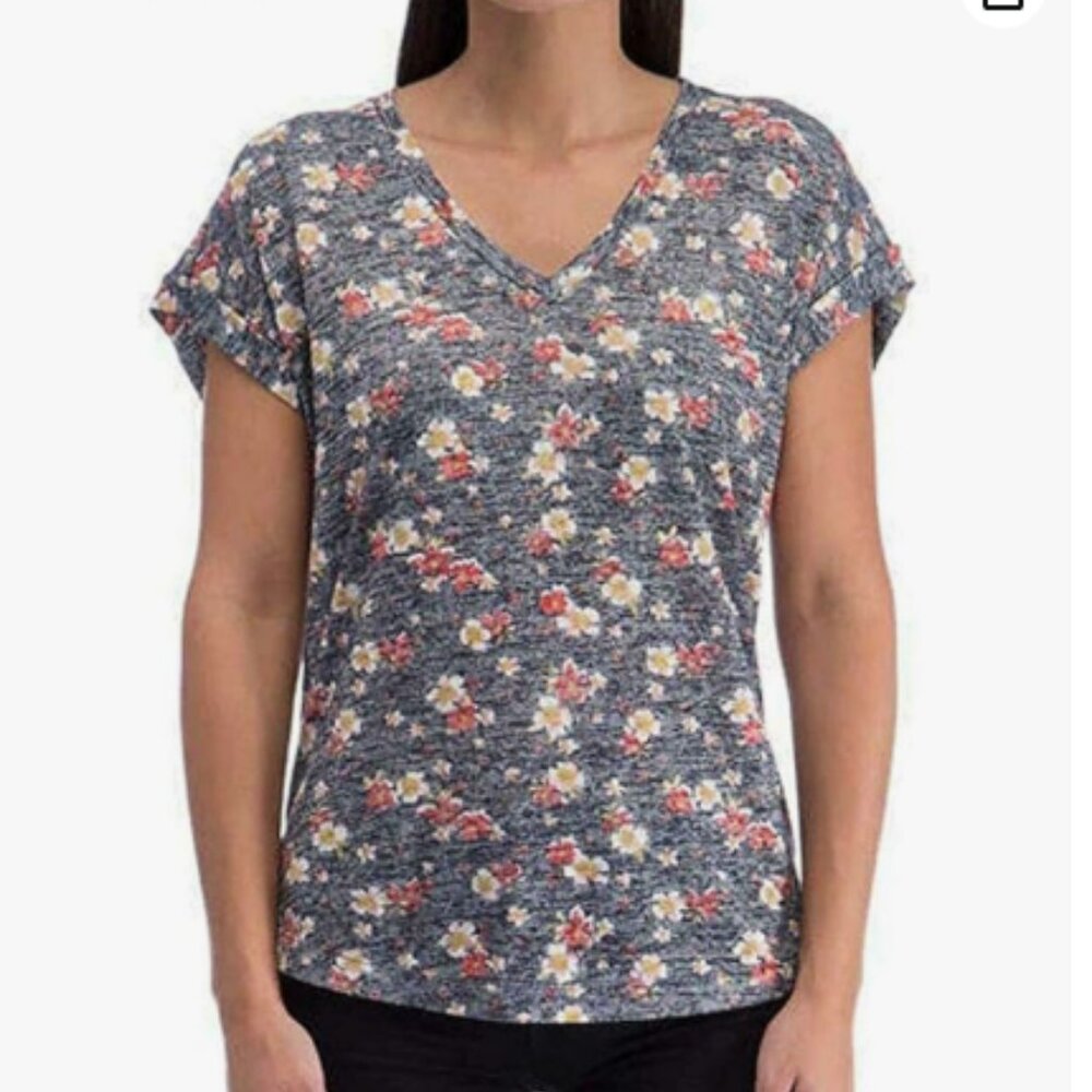 Bobeau Women's French Terry V-Neck Pleat Back Tee, Navy Floral (Size M)